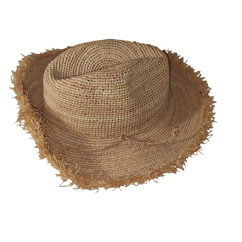 Sophia Collection LA Womens 100% Raffia Straw Frayed Fringe Fedora Sun Hat Tan - Picture 4 of 5